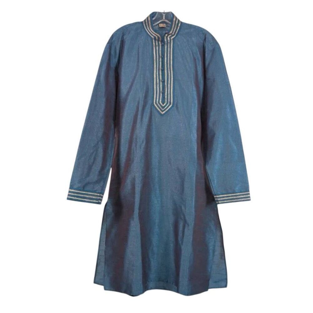 Men’s 42 105 CM Peacock Blue Silk Kurta TOP ONLY Pajama Indian Wedding Tunic